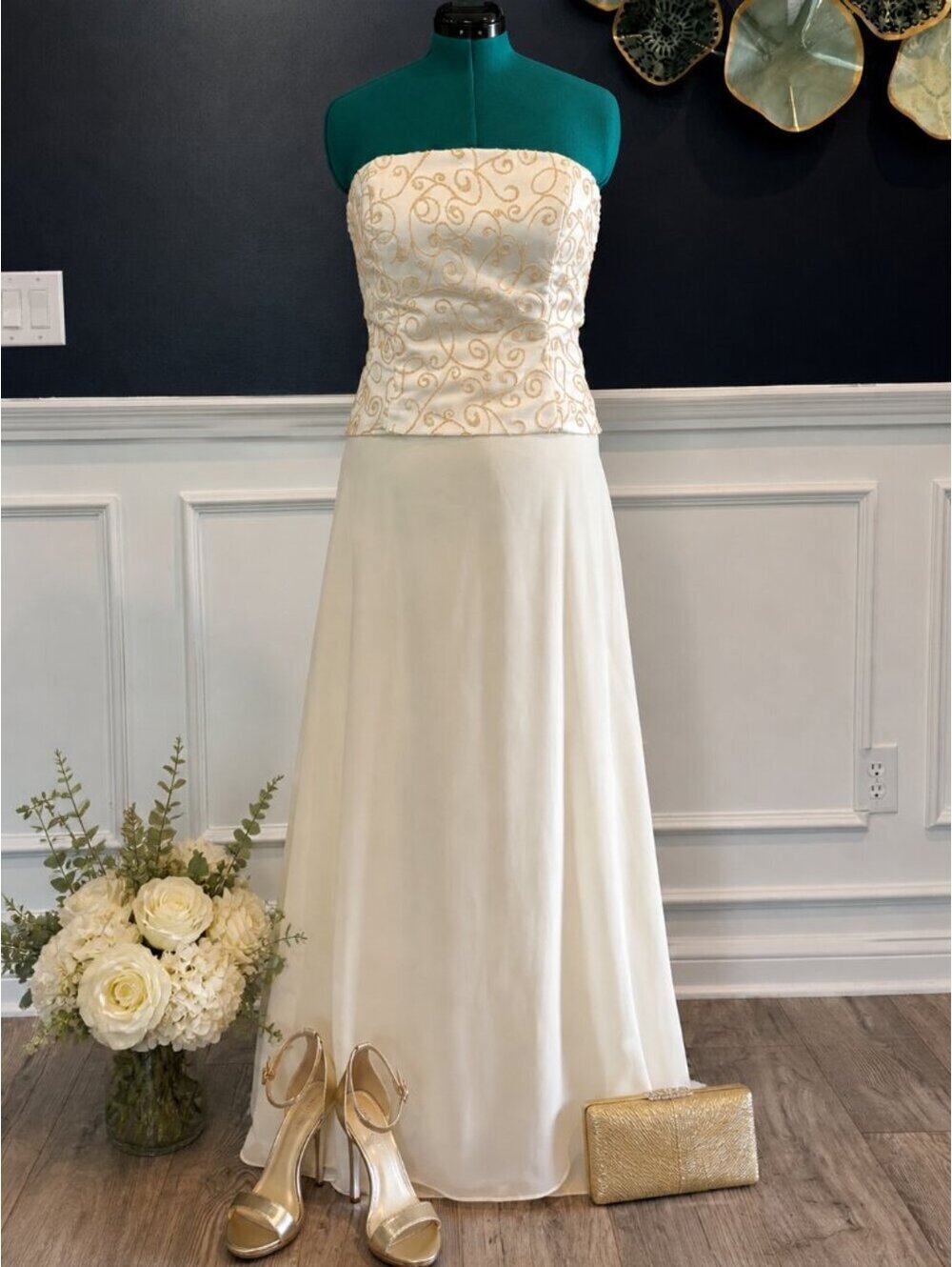 Bill Levkoff Ivory Strapless Formal Dress 2 Piece Gold Embroidered Bodice Bridal